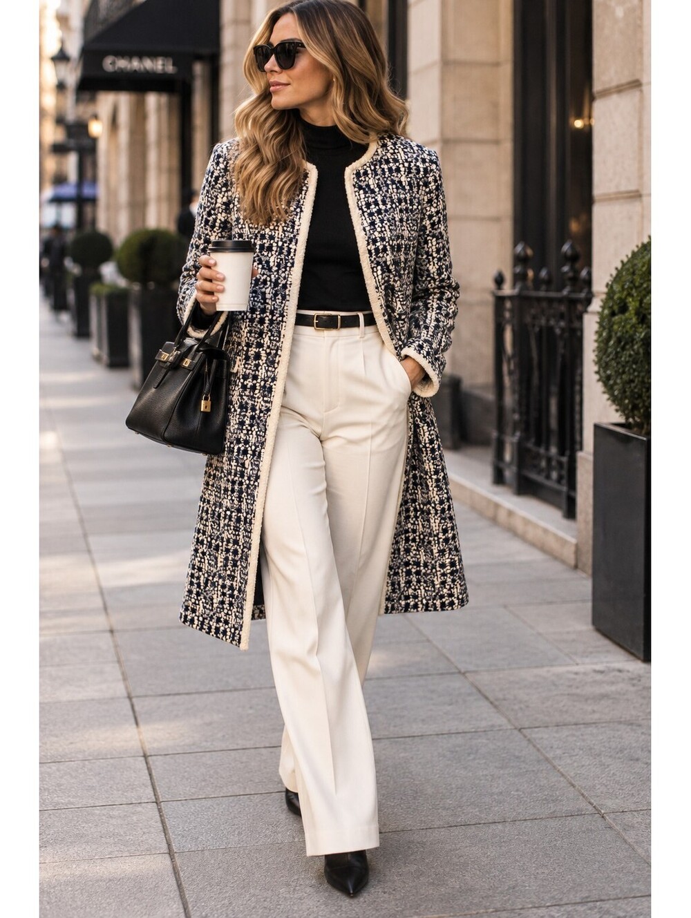 Tahari Arthur S Levine Size 2 Navy Ivory Tweed Long Coat Boucle Career Jacket